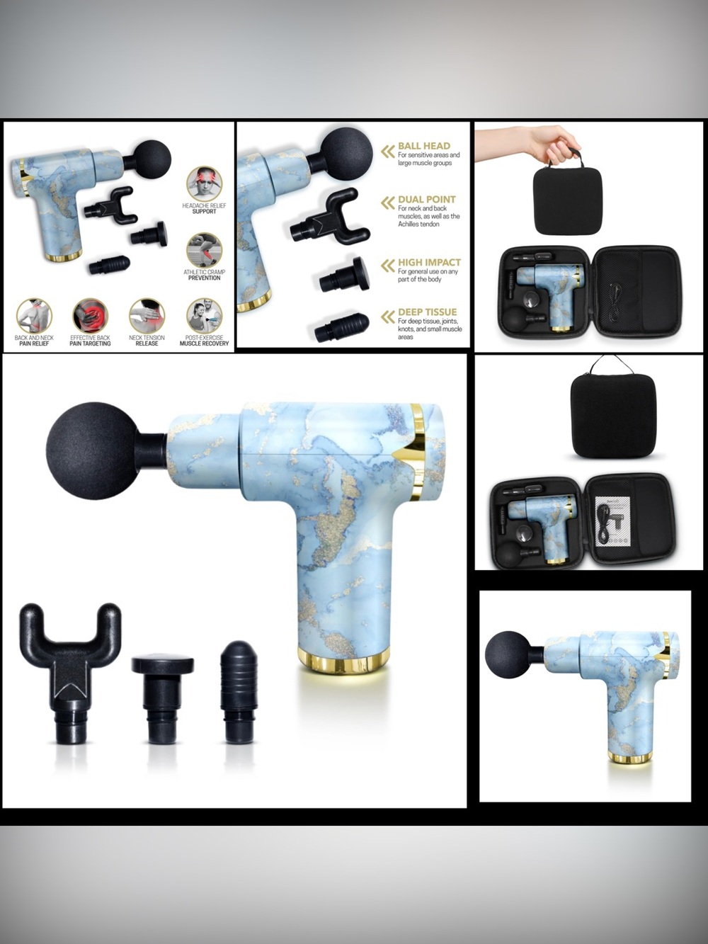Portable mini massage Gun - Marble Blue with Gold Accents